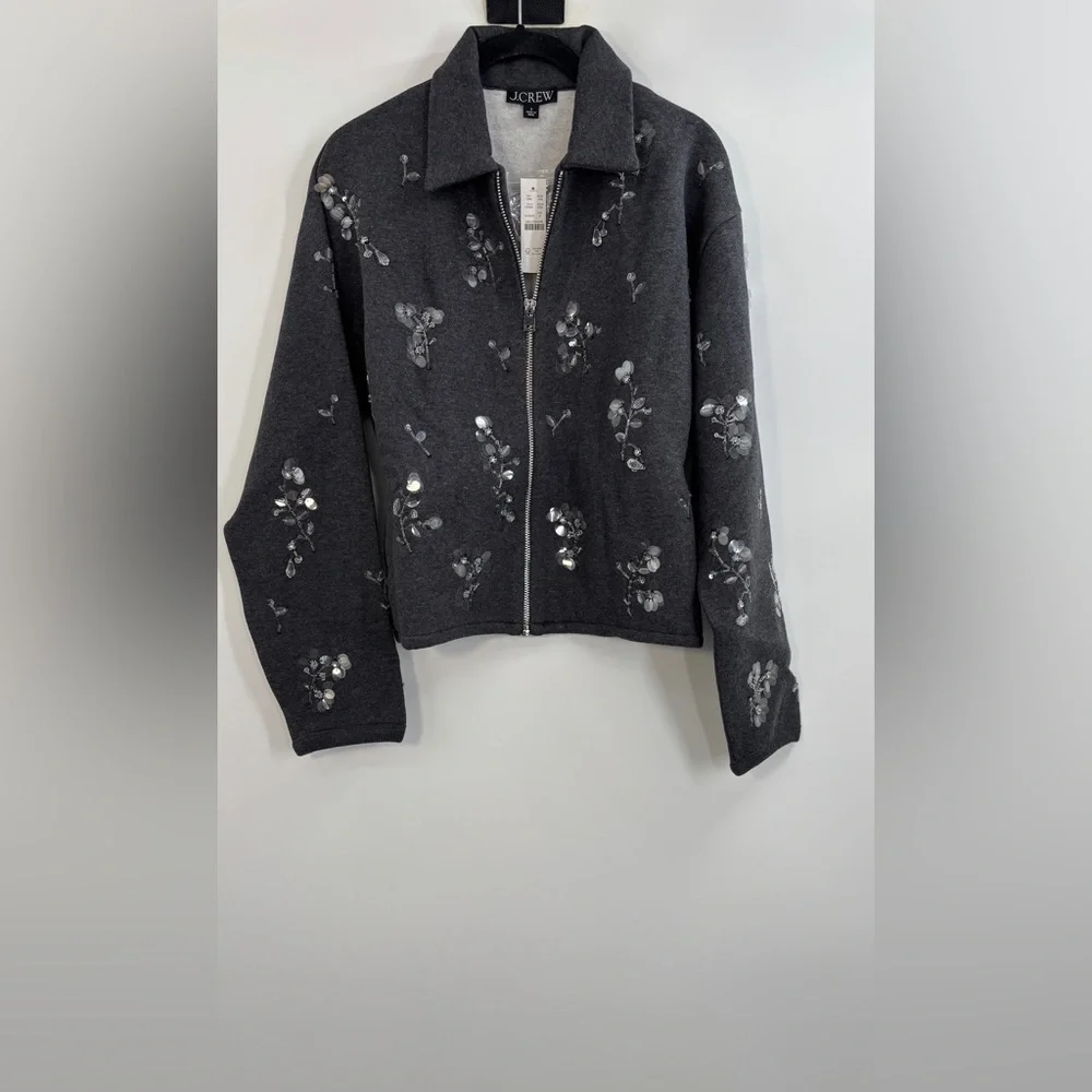 J.Crew Embellished bomber jacket in heritage fleece Hthr Grey